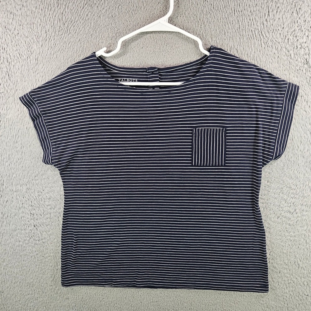 Talbots Petite Navy Blue White Striped Cap‎ Sleeve Button Back Top LP